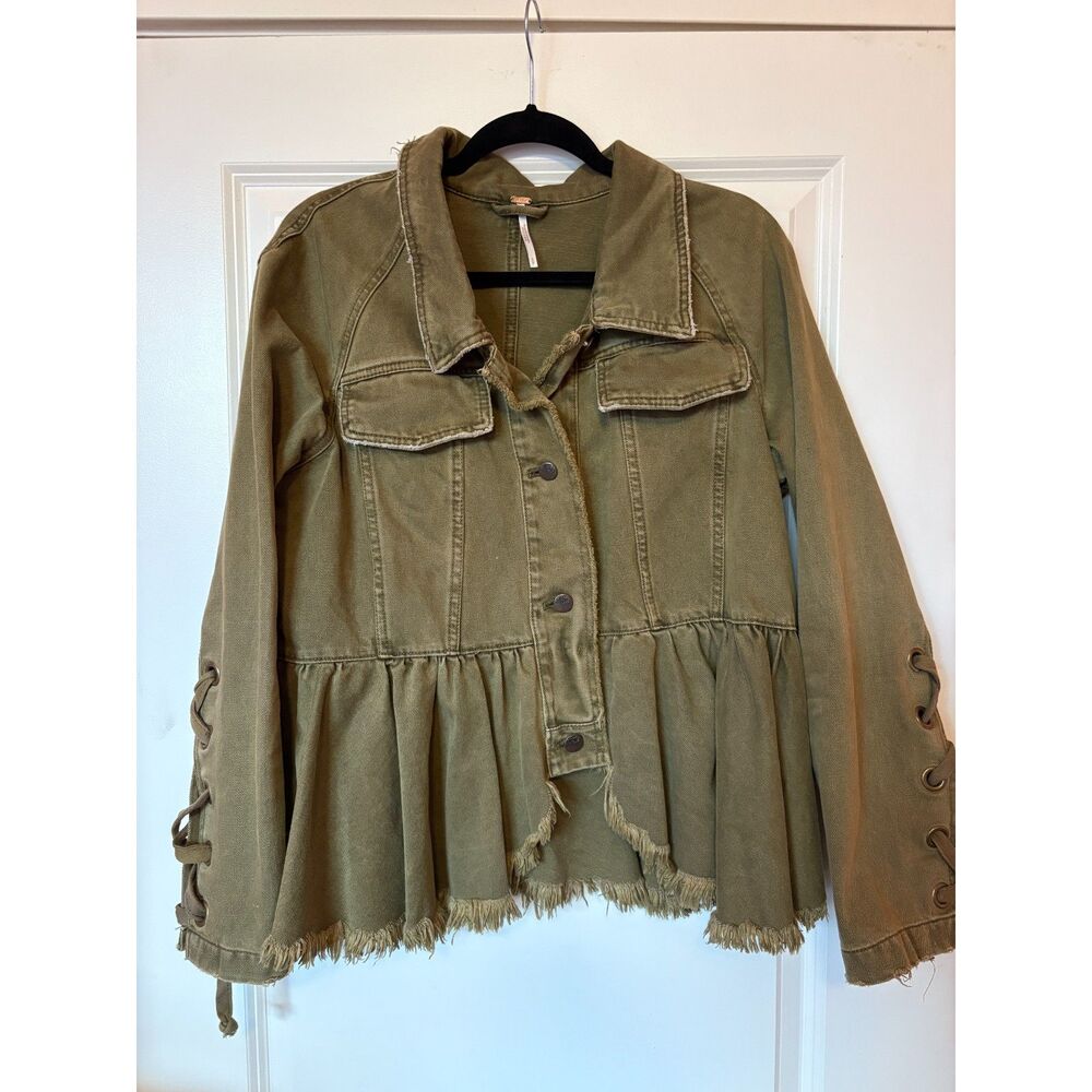 Free People Army Green Willow Denin Jacket High Low Utility Jacket